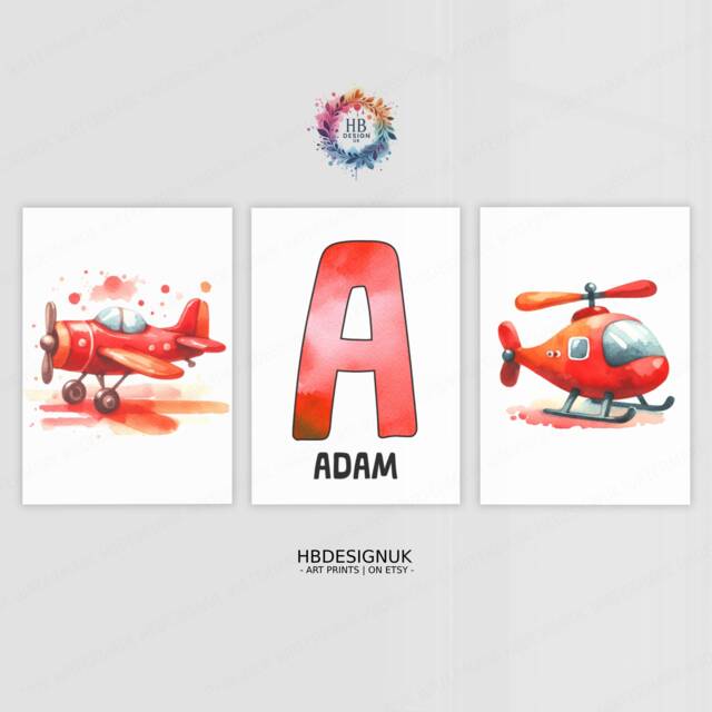 Personalised Nursery Airplane Prints - Set Of 3 Wall Art - Orange & Red Boys Posters Kids Room Custom Name Decor Aviation Gifts - image 1