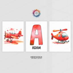 Personalised Nursery Airplane Prints - Set Of 3 Wall Art - Orange & Red Boys Posters Kids Room Custom Name Decor Aviation Gifts - thumbnail 1