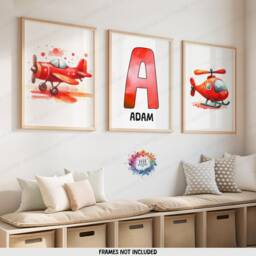 Personalised Nursery Airplane Prints - Set Of 3 Wall Art - Orange & Red Boys Posters Kids Room Custom Name Decor Aviation Gifts - thumbnail 2