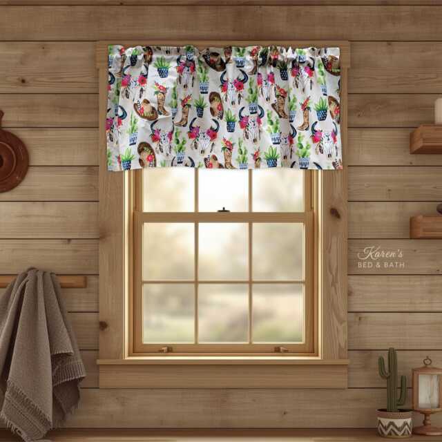 Boho Western Valance Floral Skull Cactus Curtain Southwest Ranch Print Custom Window Treatment Kitchen Living Room Decor - image 1