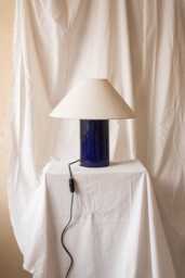 Handmade Ceramic Table Lamp, A Lighting & Decorative Object. Bright Blue Base White Canvas Shade