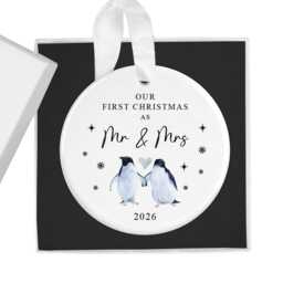 First Christmas As Mr & Mrs Bauble, 2026, 1st Xmas Married Ornament Keepsake, Couples Tree Dec, Newlywed, Gift For Wife, Husband, Penguin