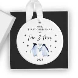 First Christmas As Mr & Mrs Bauble, 2026, 1st Xmas Married Ornament Keepsake, Couples Tree Dec, Newlywed, Gift For Wife, Husband, Penguin - thumbnail 3