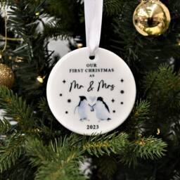 First Christmas As Mr & Mrs Bauble, 2026, 1st Xmas Married Ornament Keepsake, Couples Tree Dec, Newlywed, Gift For Wife, Husband, Penguin - thumbnail 4