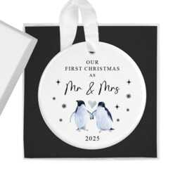 First Christmas As Mr & Mrs Bauble, 2026, 1st Xmas Married Ornament Keepsake, Couples Tree Dec, Newlywed, Gift For Wife, Husband, Penguin - thumbnail 2