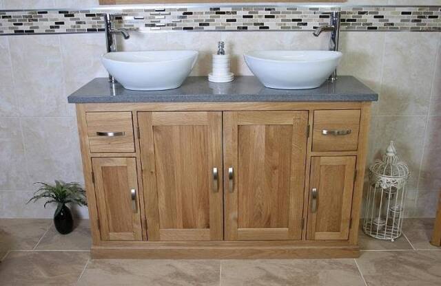 Solid Oak Bathroom Vanity Unit Cabinet Ceramic Basin Tap Set Grey Quartz 402Gqcbcx2 - image 1