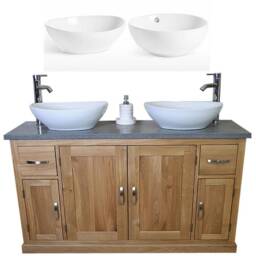 Solid Oak Bathroom Vanity Unit Cabinet Ceramic Basin Tap Set Grey Quartz 402Gqcbcx2 - thumbnail 2