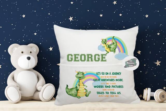 Personalised Dragon Pocket Book Cushion, Kids Storytime Pillow - image 1