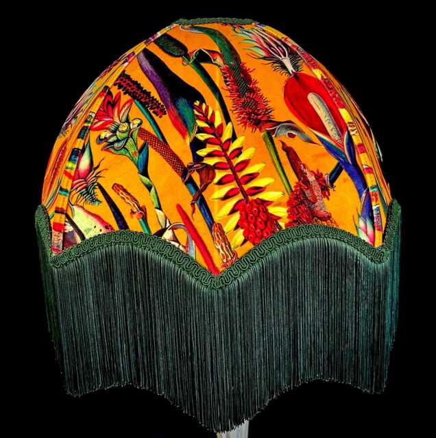 Handmade Botanical Velvet Lampshade Ochre, Green Fringe - image 1