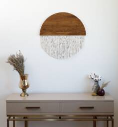 Half Moon Yarn Wall Hanging Boho Fiber Art On Walnut Wood - thumbnail 1