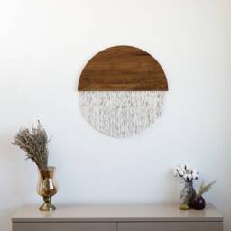 Half Moon Yarn Wall Hanging Boho Fiber Art On Walnut Wood - thumbnail 3