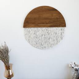Half Moon Yarn Wall Hanging Boho Fiber Art On Walnut Wood - thumbnail 2
