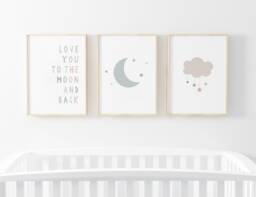 Gender Neutral Moon Stars Prints - Set Of 3, Love You To The & Back, Baby Boy Print, Nursery Prints, Wall Art, Kids Bedroom - thumbnail 1