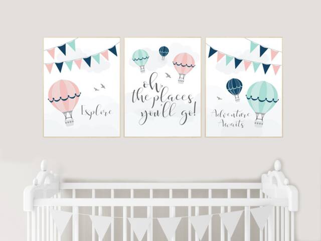 Hot Air Balloon Nursery Print Set Travel Theme Wall Art - image 1