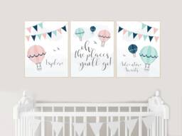 Hot Air Balloon Nursery Print Set Travel Theme Wall Art - thumbnail 1