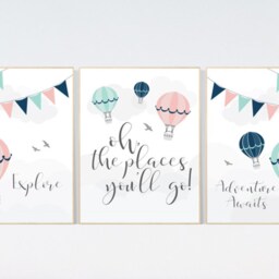 Hot Air Balloon Nursery Print Set Travel Theme Wall Art - thumbnail 2