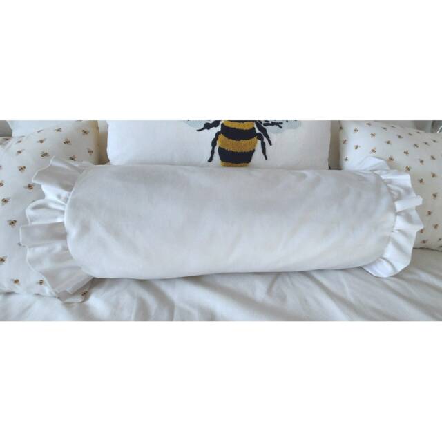 "Ruffle Bolster Pillow Cover Frilled 16"" X 6"" Cylinder Case Round Neck Roll White Cushion Sham 16""X6" - image 1
