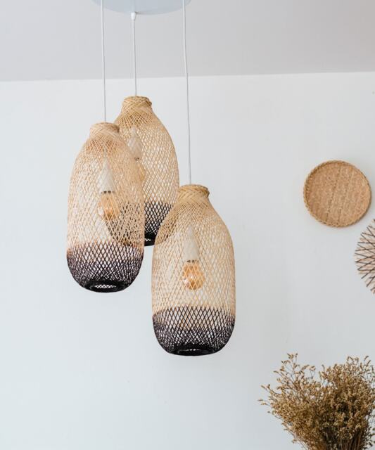 Two-Tone Bamboo Pendant Light Set - Oak Brown Triple Rattan Basket Cluster - image 1