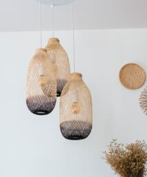 Two-Tone Bamboo Pendant Light Set - Oak Brown Triple Rattan Basket Cluster - thumbnail 1