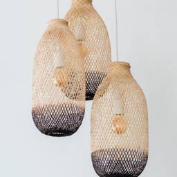 Two-Tone Bamboo Pendant Light Set - Oak Brown Triple Rattan Basket Cluster - thumbnail 3