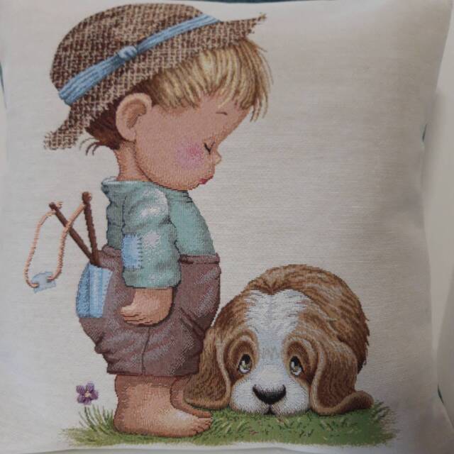 Boy & Dog Jacquard Tapestry Cushion Cover 45 X cm. Trendy Interior Decoration - Decorative Housewarming Birthday - image 1
