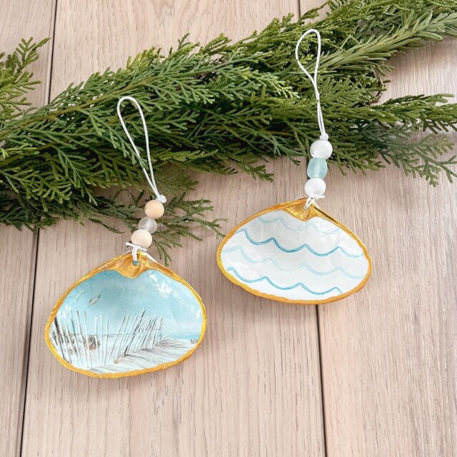 Coastal Christmas Ornament, Gift, Decoupage Clam Shell, Beach Nautical Gilded Party Favor, Gift Tag - image 1