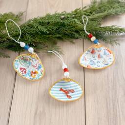 Coastal Christmas Ornament, Gift, Decoupage Clam Shell, Beach Nautical Gilded Party Favor, Gift Tag - thumbnail 2