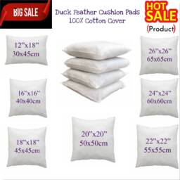 Duck Feather Cushion Pad, Inner Insert Filler 100% Cotton Super Soft Square Cushions 16'' 18'' 20'' 22'' 24'' 26'' - thumbnail 1