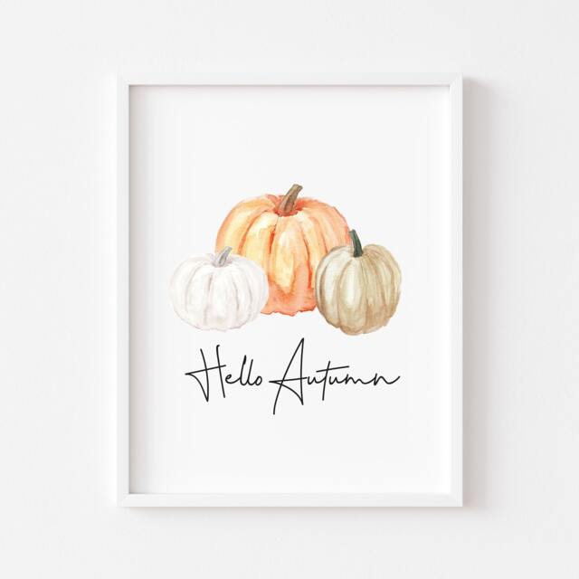 Watercolour Pumpkin Trio Print Hello Autumn Wall Art - Unframed - image 1