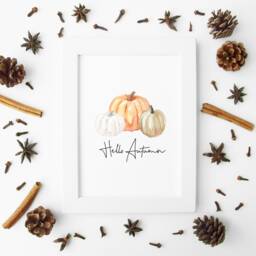 Watercolour Pumpkin Trio Print Hello Autumn Wall Art - Unframed - thumbnail 2