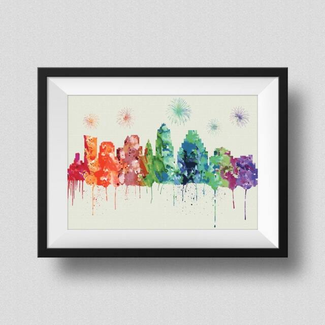Austin Skyline Watercolor Print, Texas With Firework Ink Splash Poster Art, Print