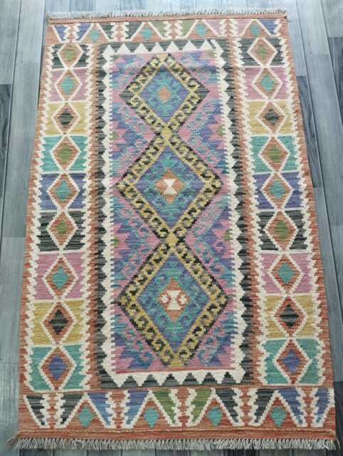 Multicolour Kilim Rug, Handmade Artisan Afghan Turkish Persian Navajo Scandinavian Bohemian Flatweave Natural Wool Rug 150x95 cm - image 1