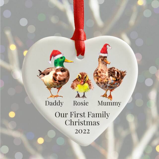Personalised Duck Family Christmas Ornament Heart Ceramic Tree Bauble - image 1