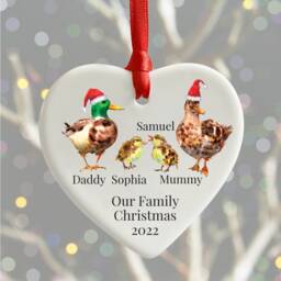 Personalised Duck Family Christmas Ornament Heart Ceramic Tree Bauble - thumbnail 2