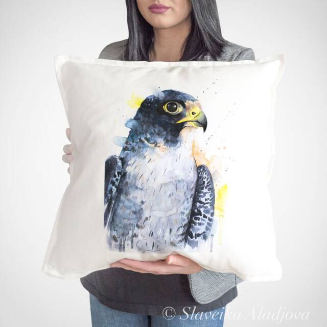 Peregrine Falcon Throw Pillow Cover By Slaveika Aladjova, Cushion Cover, Decorative Pillow Cover, Animal Art, Watercolor Pillow, Christmas - image 1