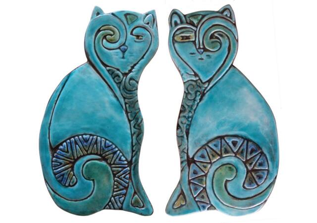 Cat Wall Hangings, Ceramic Cats, Decor, Art, Pair Of Cats-Plain, Textured Tiles For Walls, Artistic Tile, 26cm Turquoise - image 1