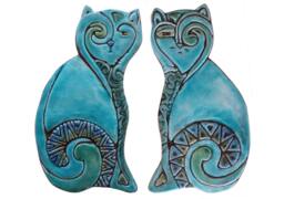 Cat Wall Hangings, Ceramic Cats, Decor, Art, Pair Of Cats-Plain, Textured Tiles For Walls, Artistic Tile, 26cm Turquoise