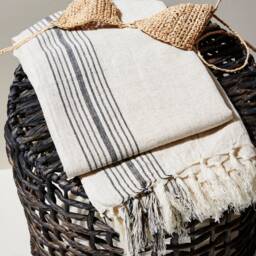 Linen Beach Towel, Boho Beach Throw, Linen Organic Blanket Turkish Striped Towel With Strap Carrier - thumbnail 3