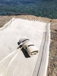 Linen Beach Towel, Boho Beach Throw, Linen Organic Blanket Turkish Striped Towel With Strap Carrier