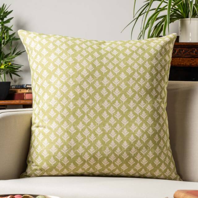Rustic Leaf Linen Blend Extra-Large Cushion Cover. Distressed Pale Green Geometric Leaves Print. 23X23 - image 1
