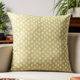 Rustic Leaf Linen Blend Extra-Large Cushion Cover. Distressed Pale Green Geometric Leaves Print. 23X23 - thumbnail 1