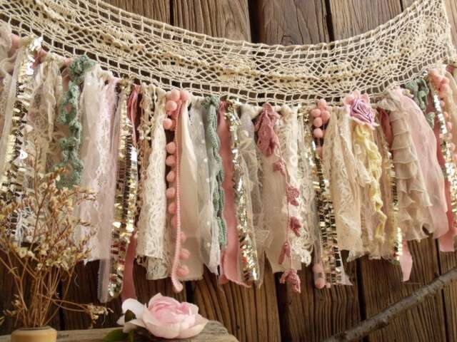 Pink Shabby Chic Lace Garland Curtain Boho Nursery Decor, Sequin Sparkle - image 1