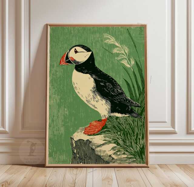Atlantic Puffin On Coastal Cliff Poster - Green Scandinavian Style Bird Seaside Wildlife Wall Art - image 1