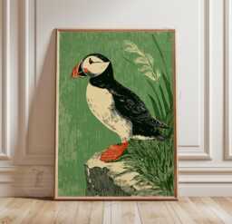 Atlantic Puffin On Coastal Cliff Poster - Green Scandinavian Style Bird Seaside Wildlife Wall Art - thumbnail 1