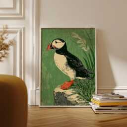 Atlantic Puffin On Coastal Cliff Poster - Green Scandinavian Style Bird Seaside Wildlife Wall Art - thumbnail 3
