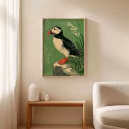 Atlantic Puffin On Coastal Cliff Poster - Green Scandinavian Style Bird Seaside Wildlife Wall Art - thumbnail 2
