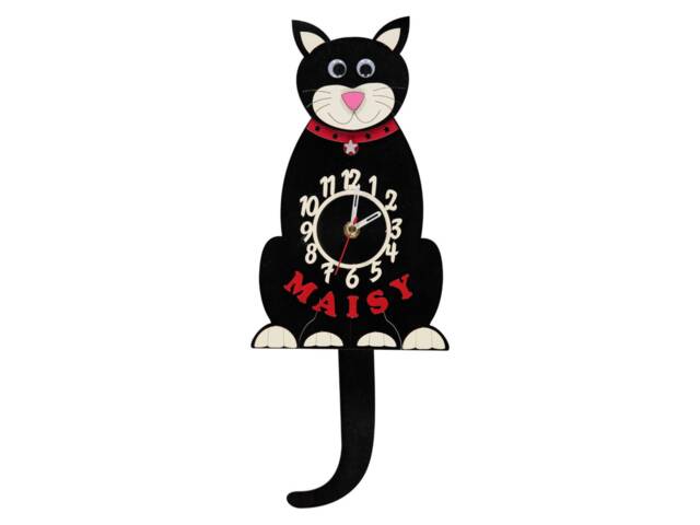 Black Cat Personalised Wooden Pendulum Children's Clock - image 1