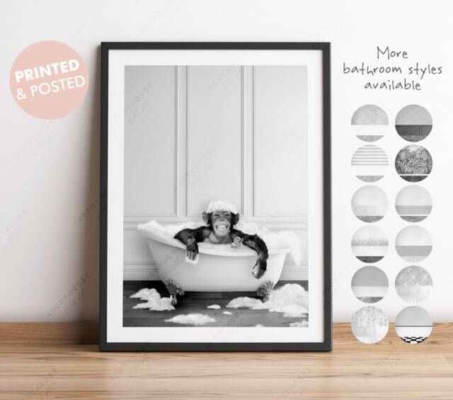 Black & White, Chimpanzee in A Bath Print, Monkey Bathing, Funny Bathroom Animal Bathtub, Chimp Tub - image 1