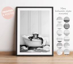 Black & White, Chimpanzee in A Bath Print, Monkey Bathing, Funny Bathroom Animal Bathtub, Chimp Tub - thumbnail 1