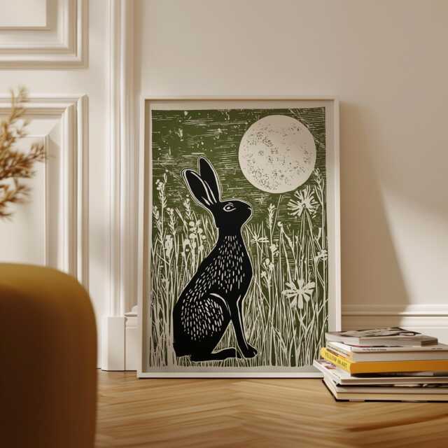 Hare in Moonlit Meadow Poster, Japanese Woodblock Art Print - image 1